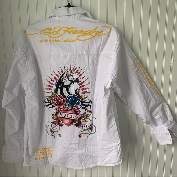 Ed Hardy (NWT) XL by Christian Audigier White, collared, long-sleeve, button-up - Picture 7 of 10